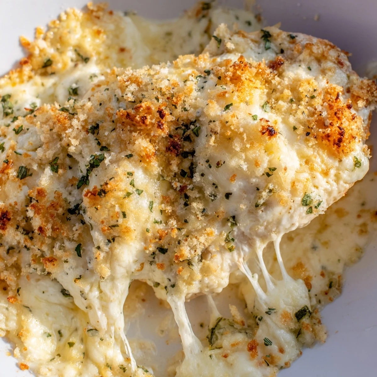Golden-crusted ricotta chicken bake topped with melted mozzarella and herbed breadcrumbs