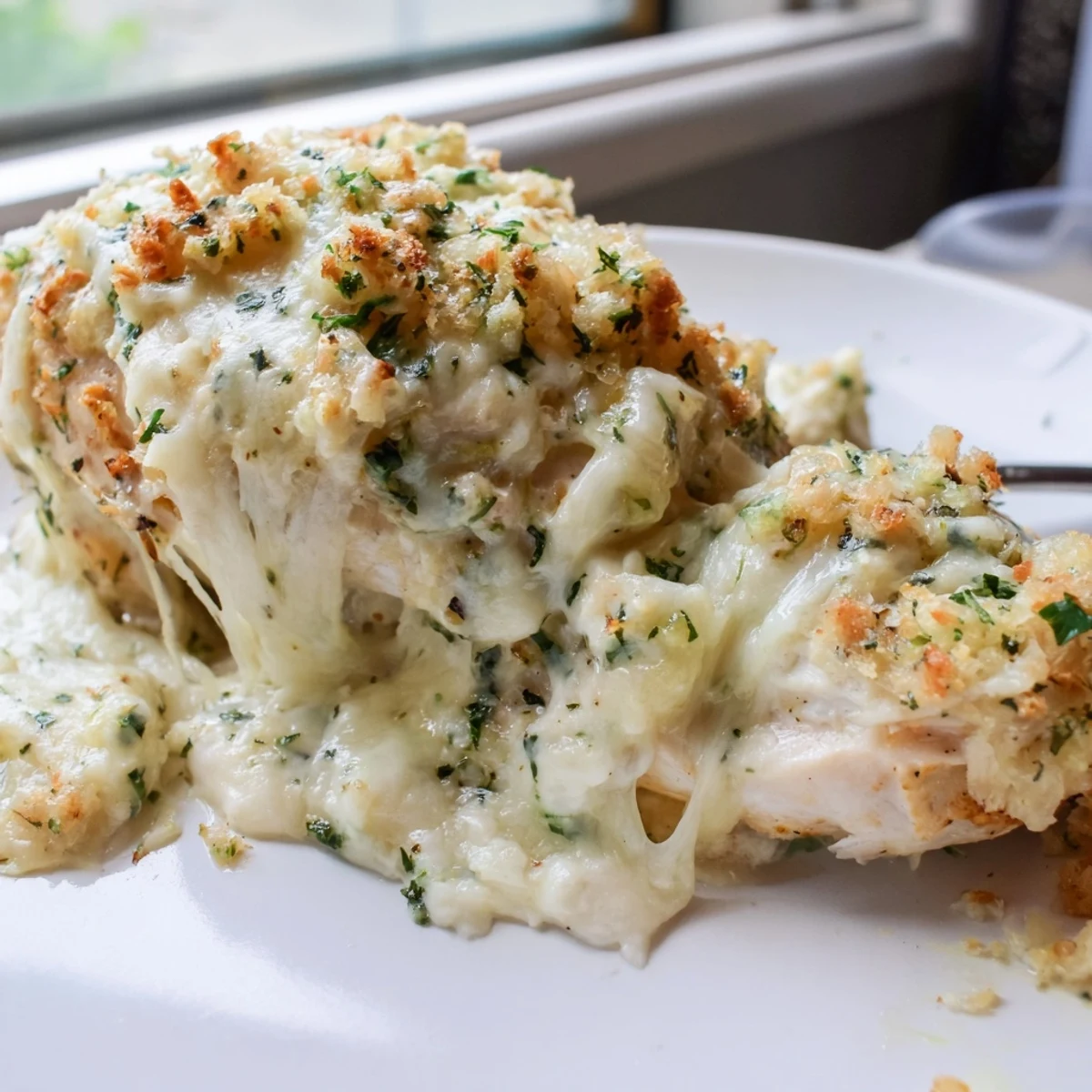 Creamy ricotta chicken bake served bubbling hot from the oven with Italian herbs