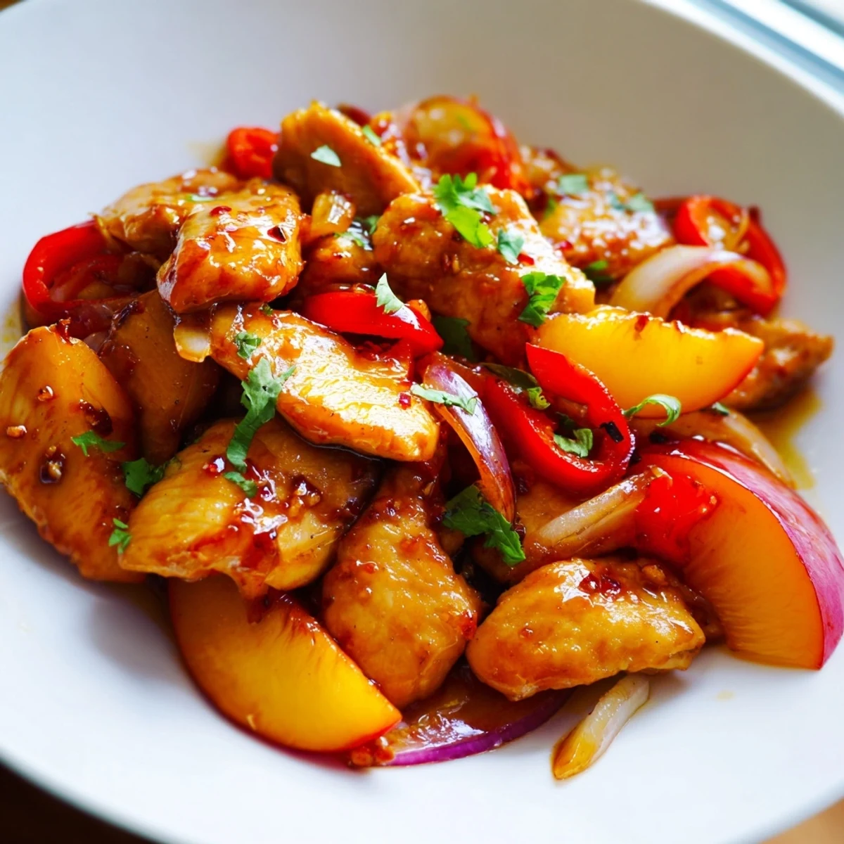 Golden Thai Peach Chicken with caramelized peaches and bell pepper over steamed jasmine rice