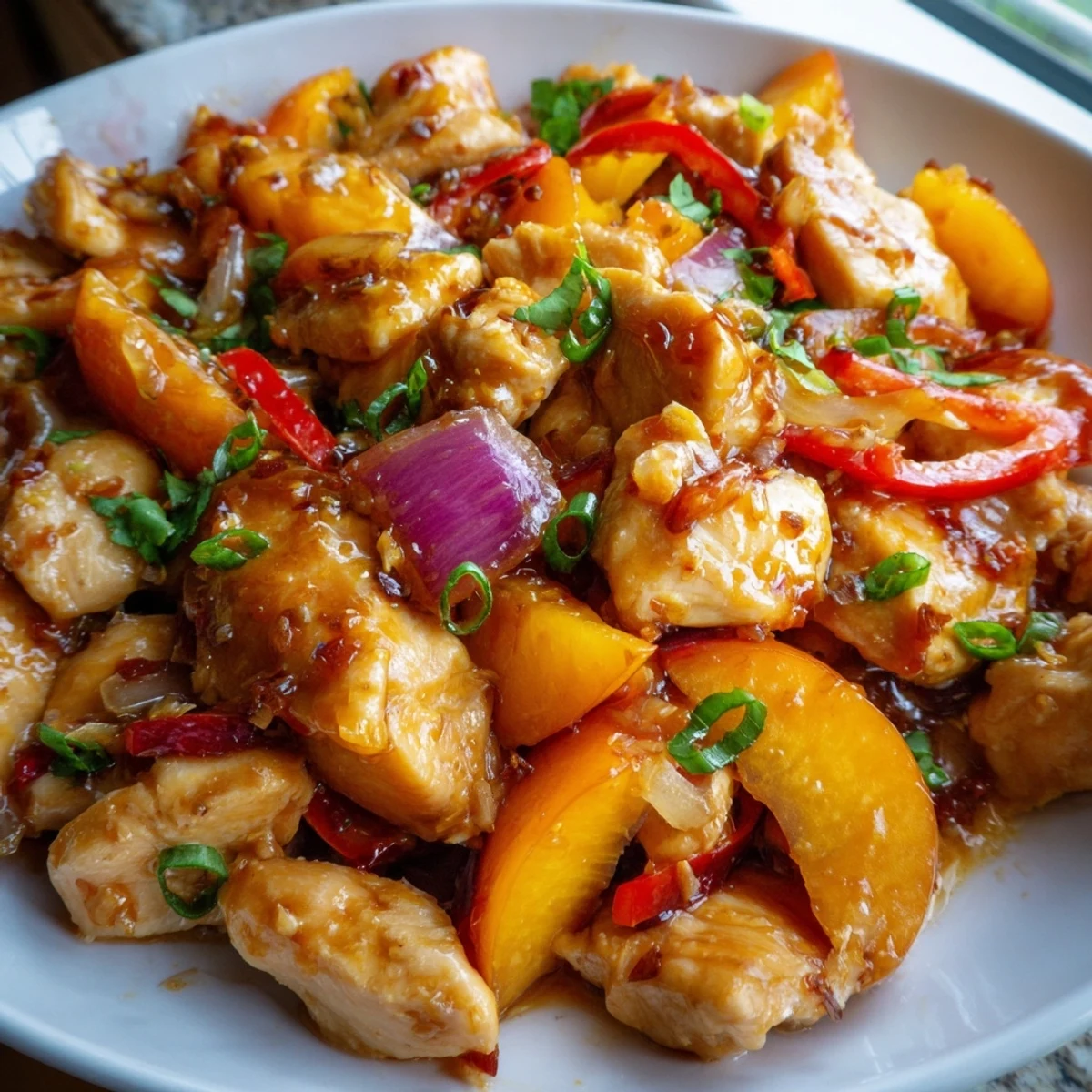 Tangy Thai Peach Chicken simmered in sweet chili sauce with fresh cilantro garnish