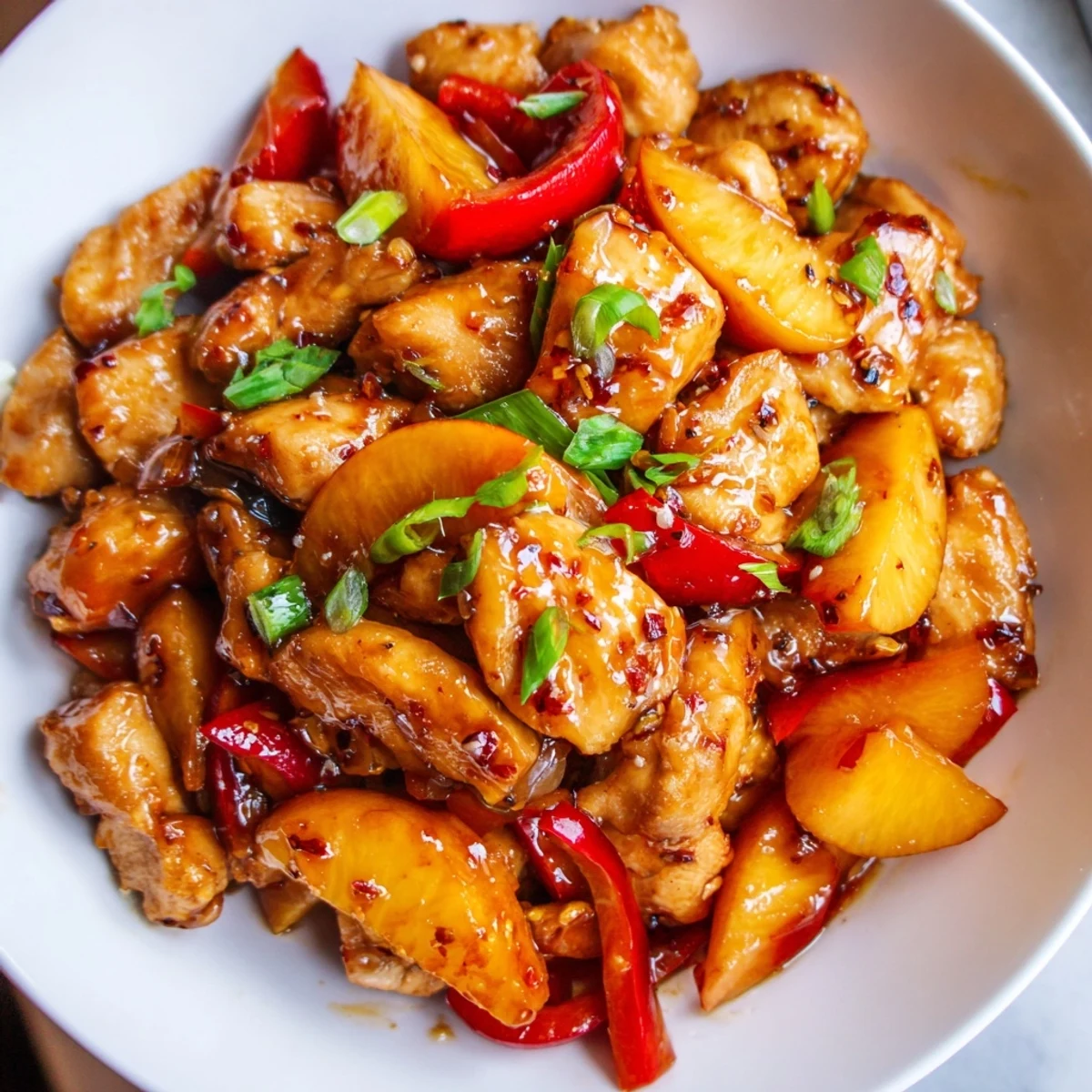 Spicy Thai Peach Chicken in glossy soy glaze with sliced red onion and ripe peaches