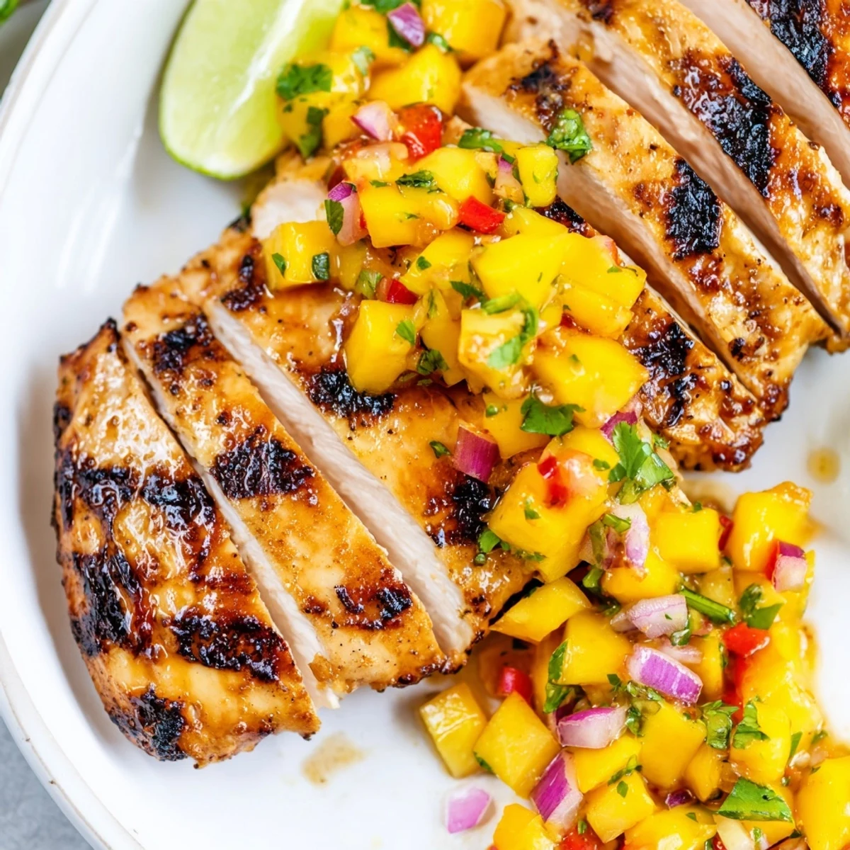 Juicy honey lime chicken with mango salsa plated on a white serving dish