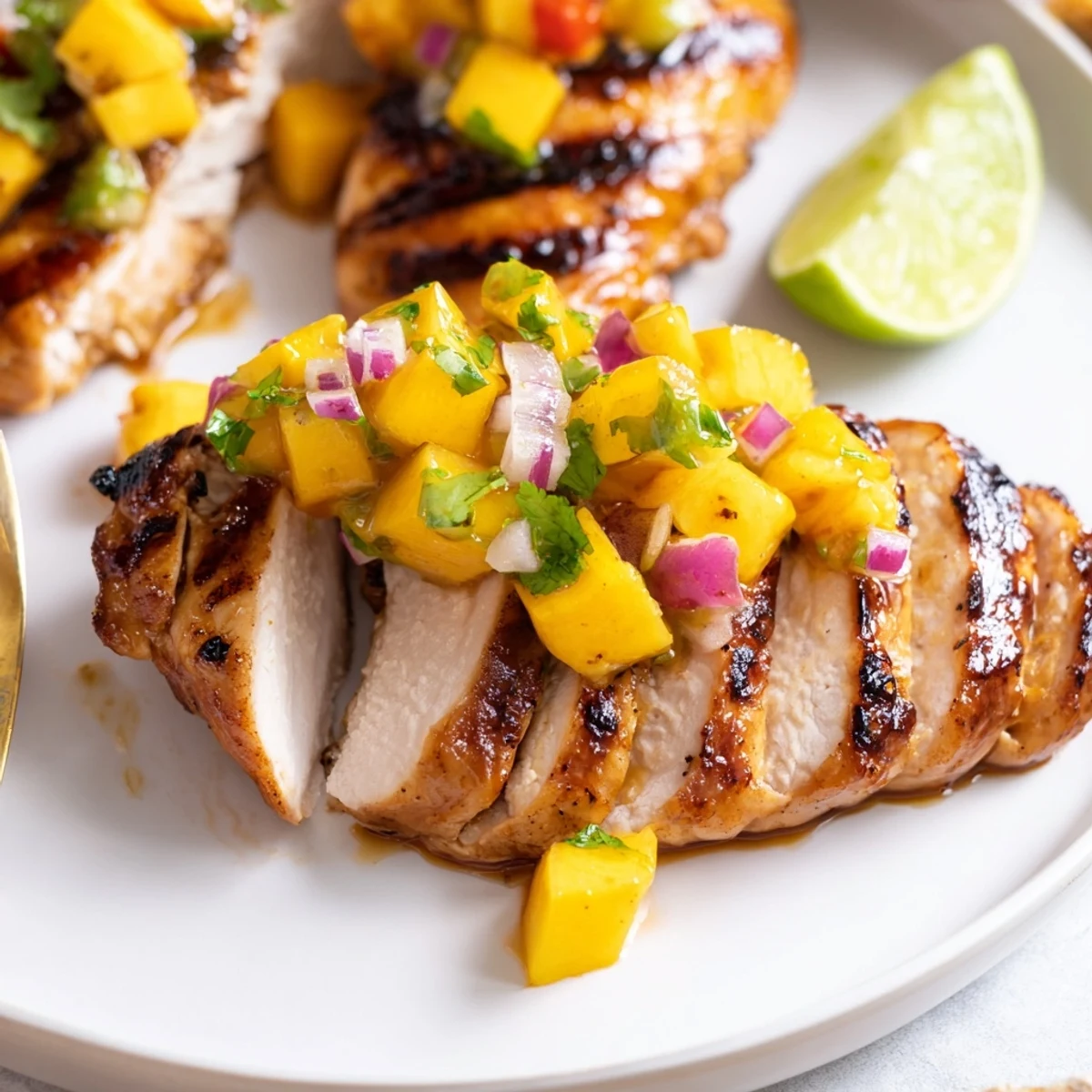 Golden grilled honey lime chicken topped with vibrant tropical mango salsa closeup