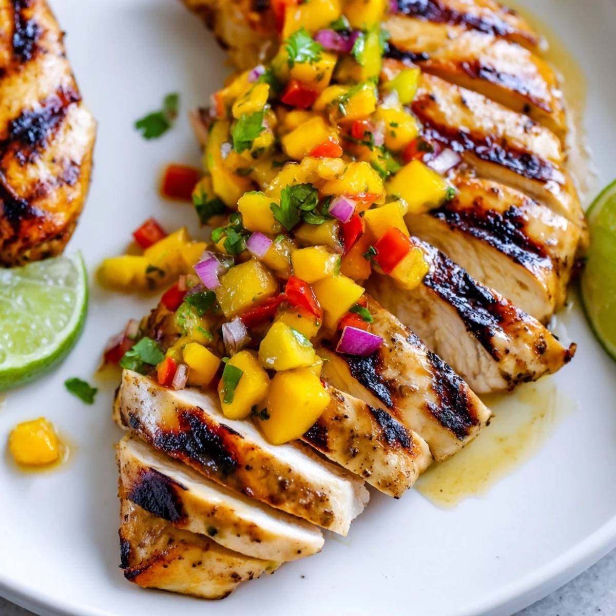 Sliced honey lime chicken draped in colorful mango salsa with fresh cilantro garnish