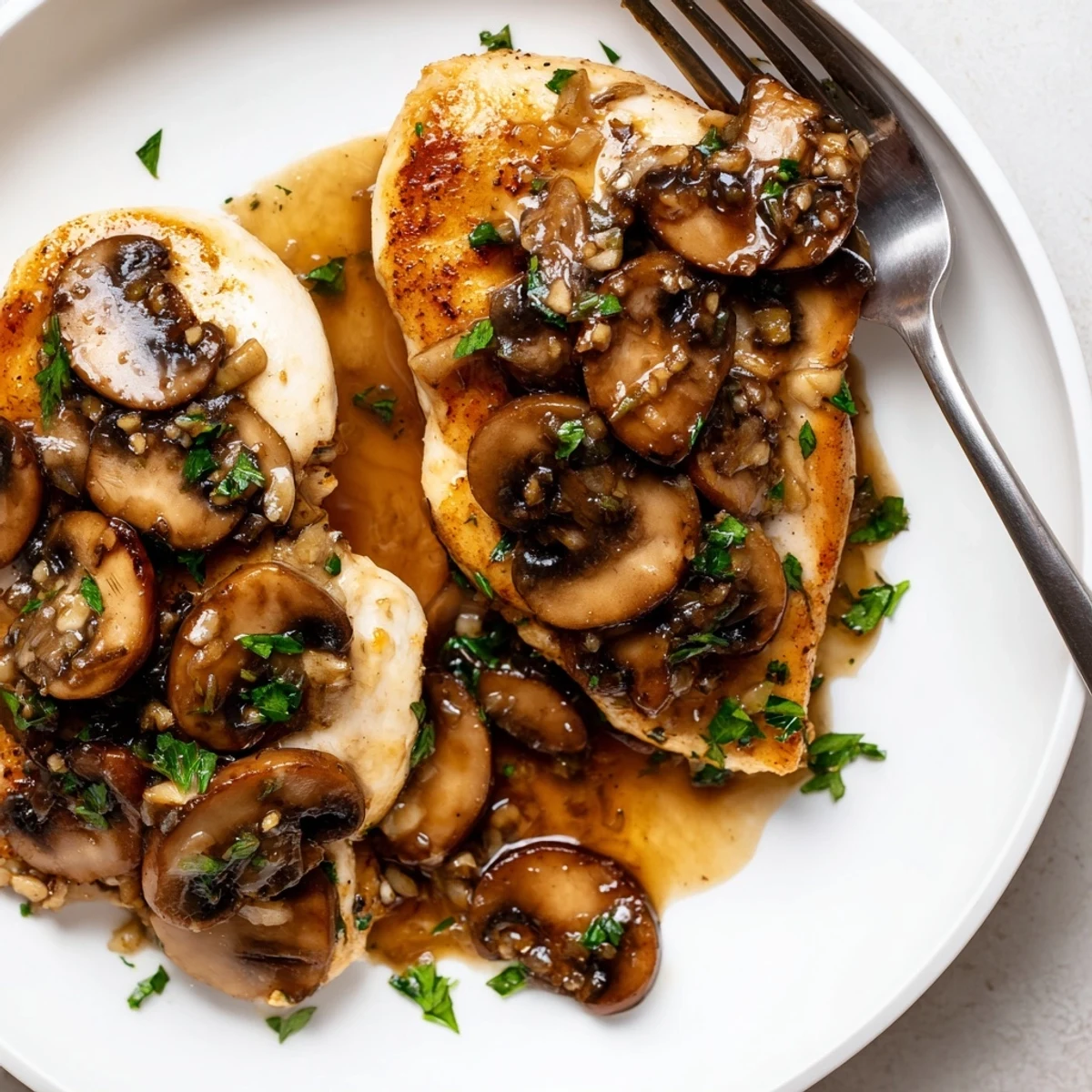 Golden dairy-free chicken marsala smothered in a rich, savory mushroom wine sauce