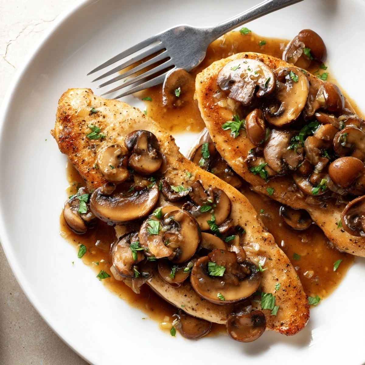 Tender pan-seared chicken marsala topped with earthy mushrooms and fresh green parsley