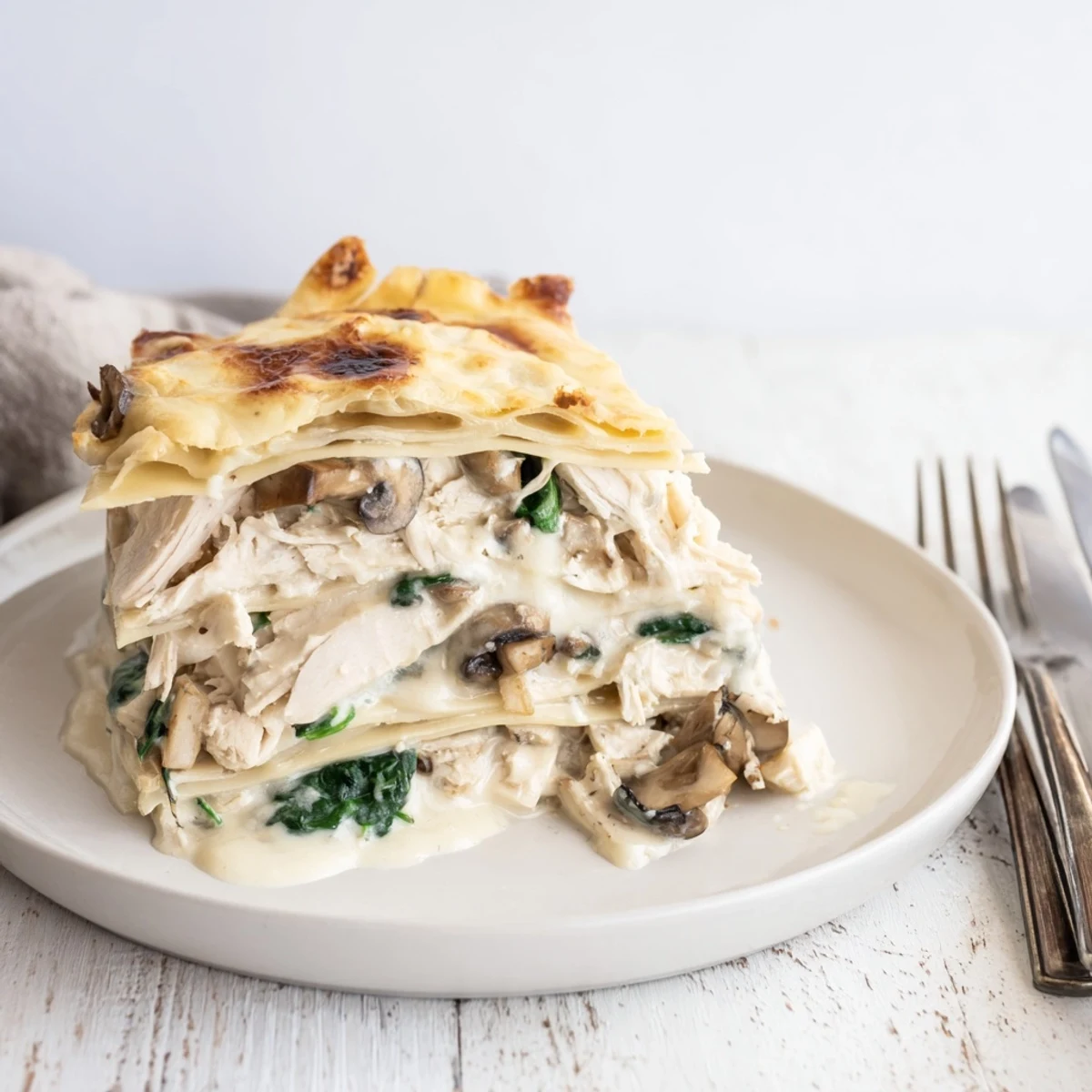 Creamy white chicken lasagna with golden bubbly cheese baked in a rustic casserole dish