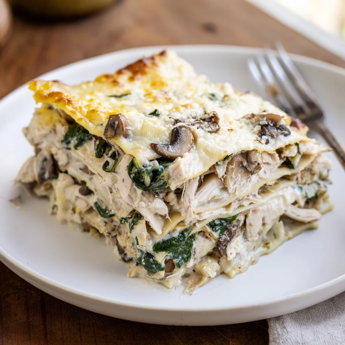 White chicken lasagna sliced to reveal gooey ricotta and mozzarella layers with fresh herbs