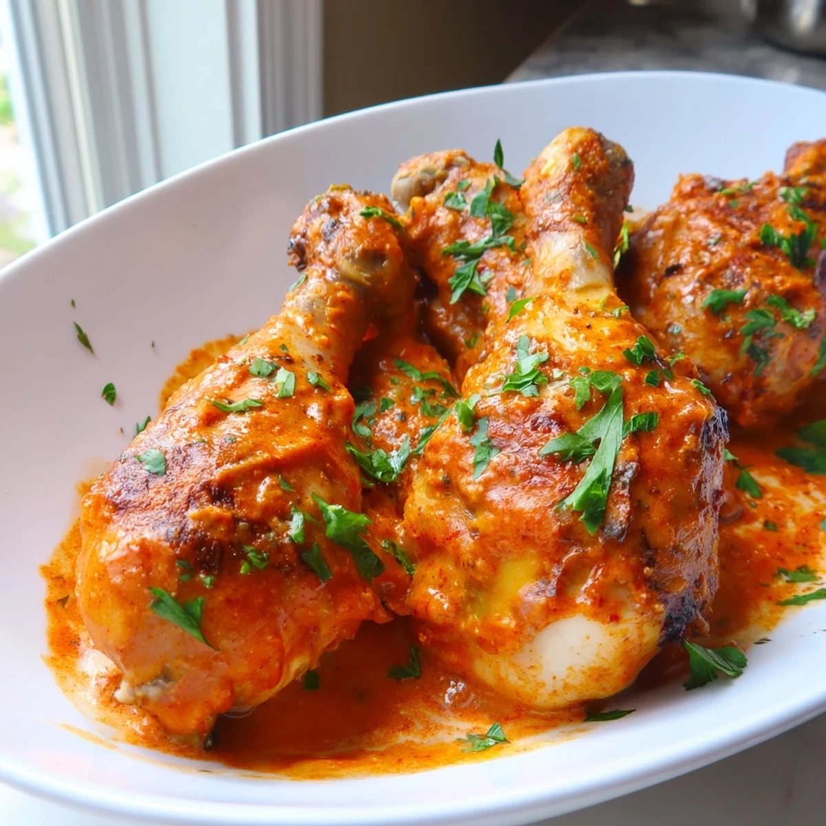 Golden creamy paprika chicken drumsticks glistening in a rich, spiced skillet sauce