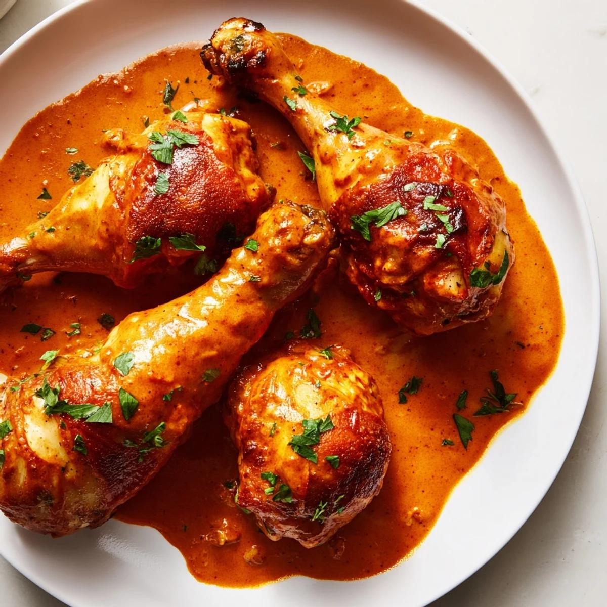 Juicy chicken drumsticks coated in smoky paprika cream sauce with fresh parsley garnish