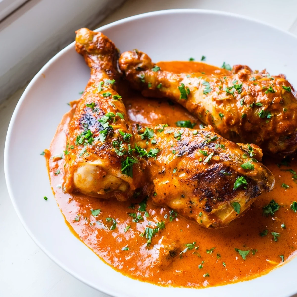 Tender roasted chicken drumsticks nestled in a velvety paprika cream sauce on cast iron