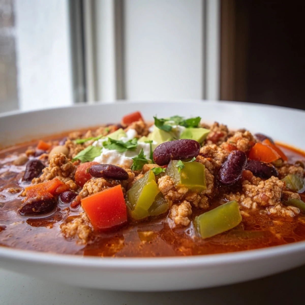 Thick hearty diabetic chili recipe loaded with beans peppers and lean turkey