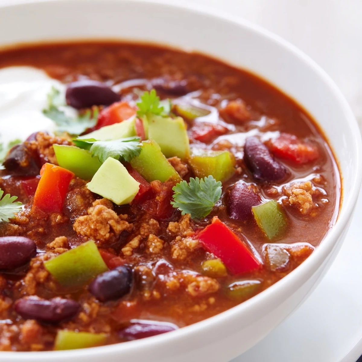 Steaming bowl of diabetic chili recipe topped with fresh avocado and cilantro