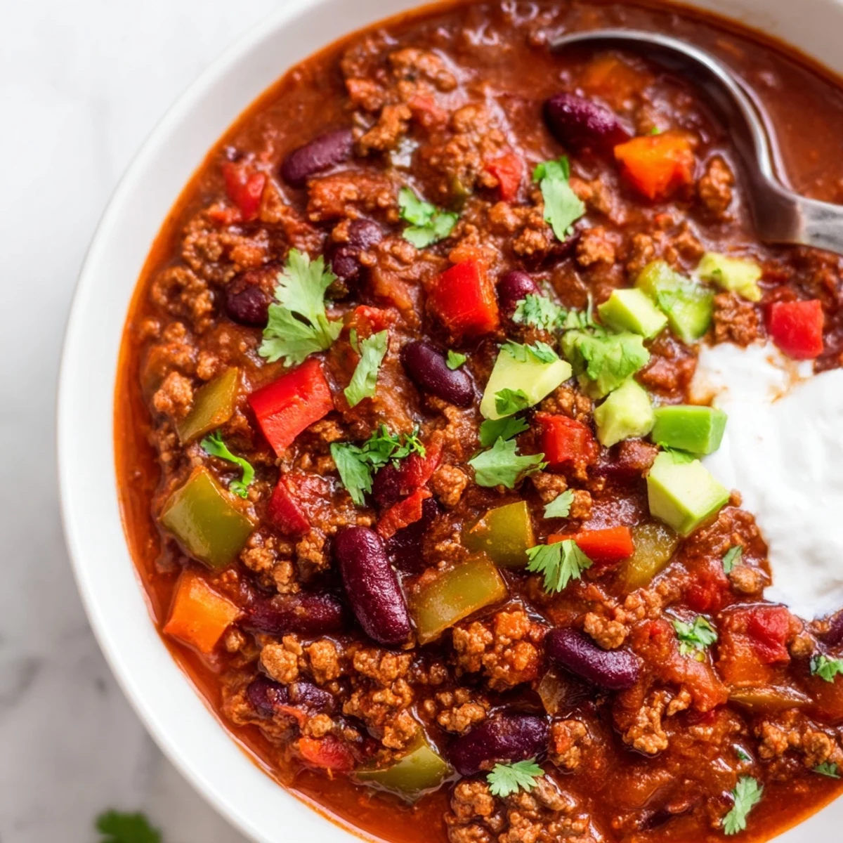 Rich simmering diabetic chili recipe served in a rustic ceramic bowl