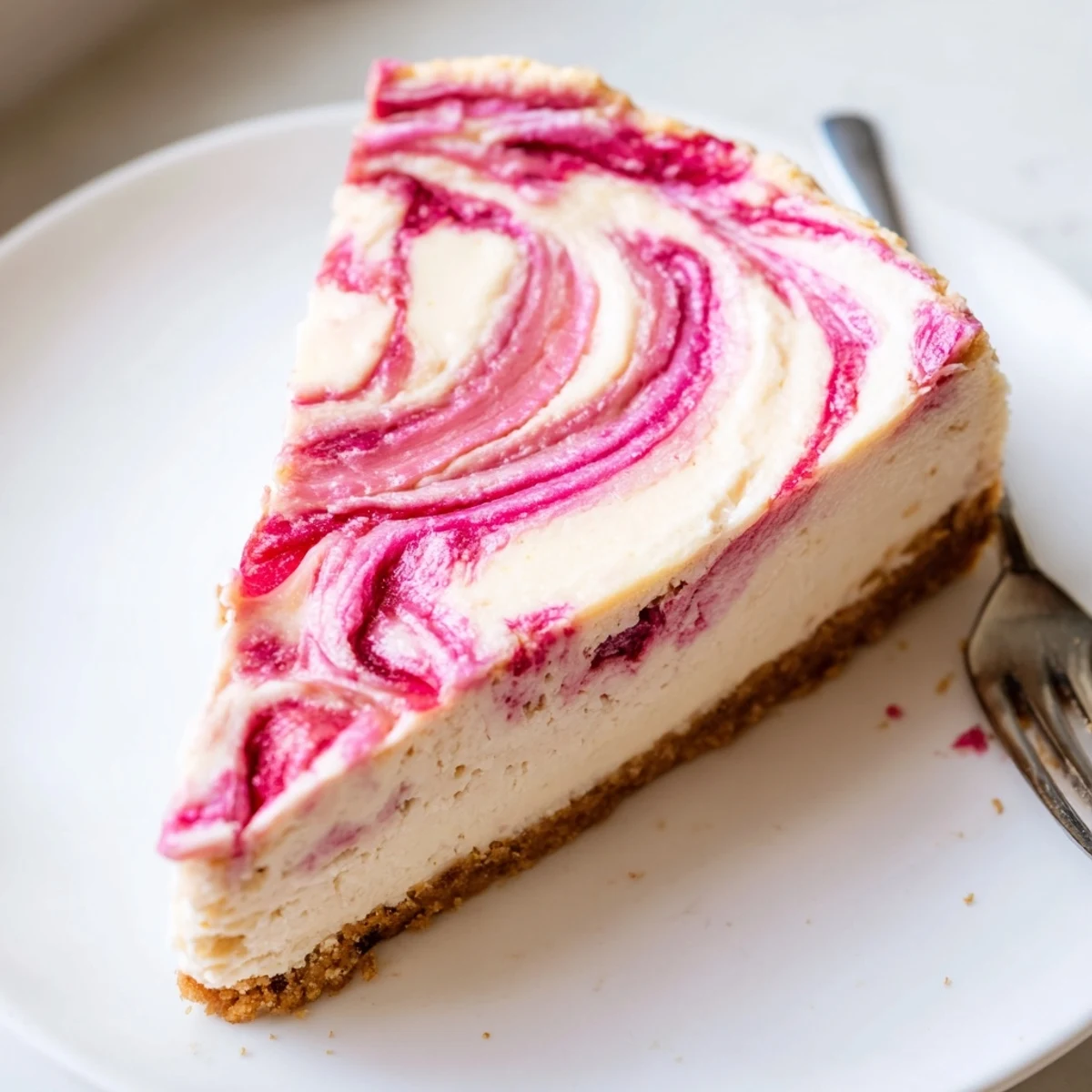Creamy keto rhubarb cheesecake with vibrant pink swirls on a golden almond crust