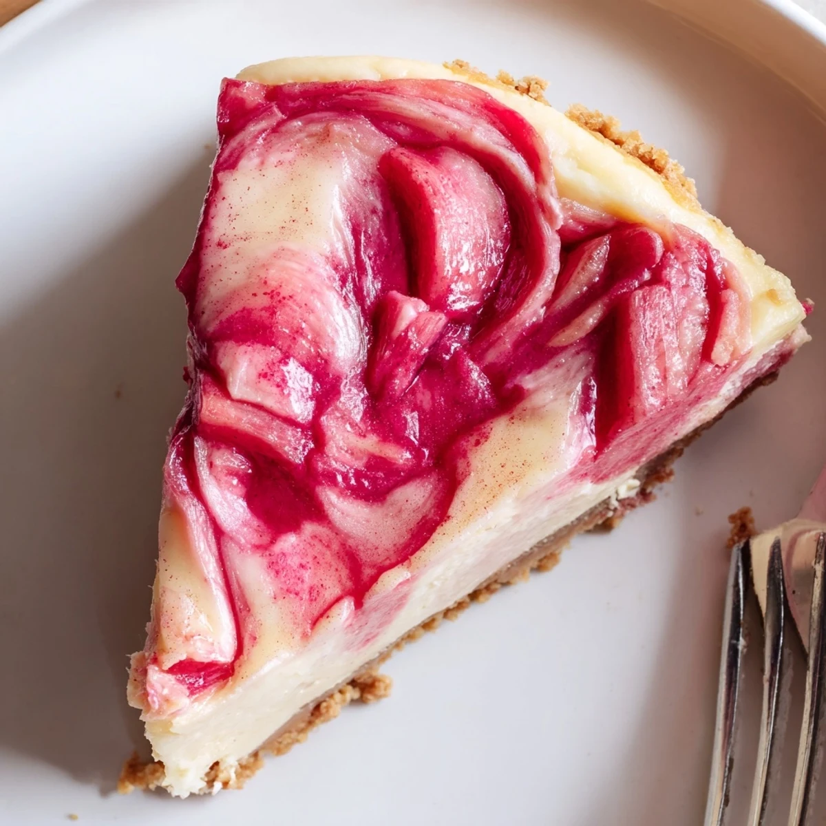 Smooth low-carb cheesecake topped with ruby-red rhubarb sauce, served on a white plate