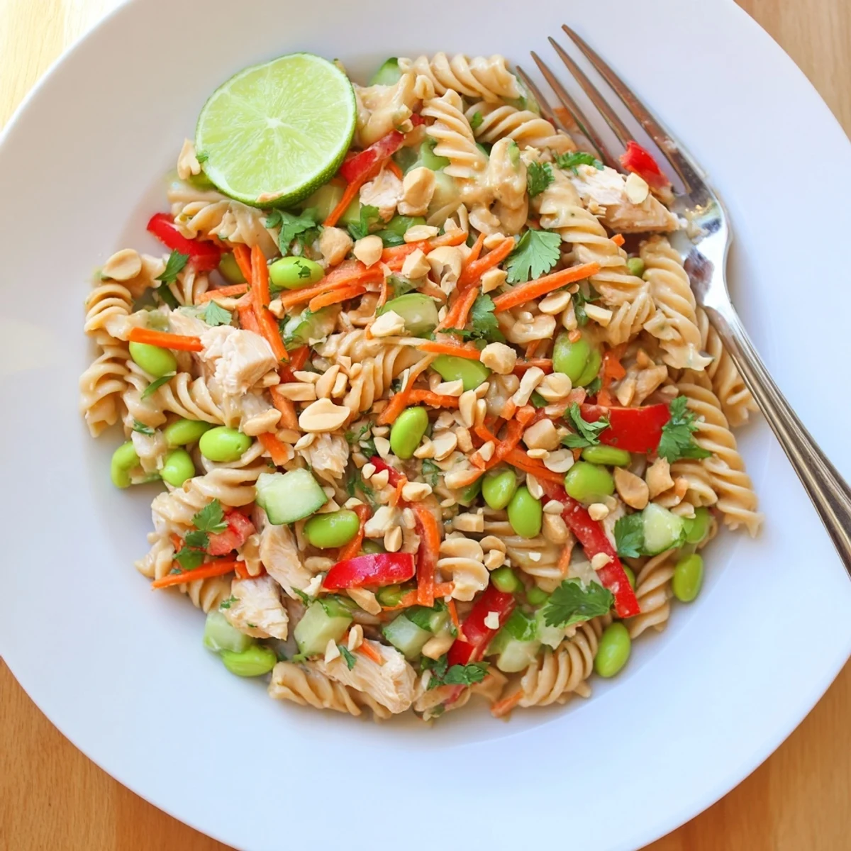 Bowl of protein packed Thai pasta salad featuring diced chicken edamame and crisp veggies