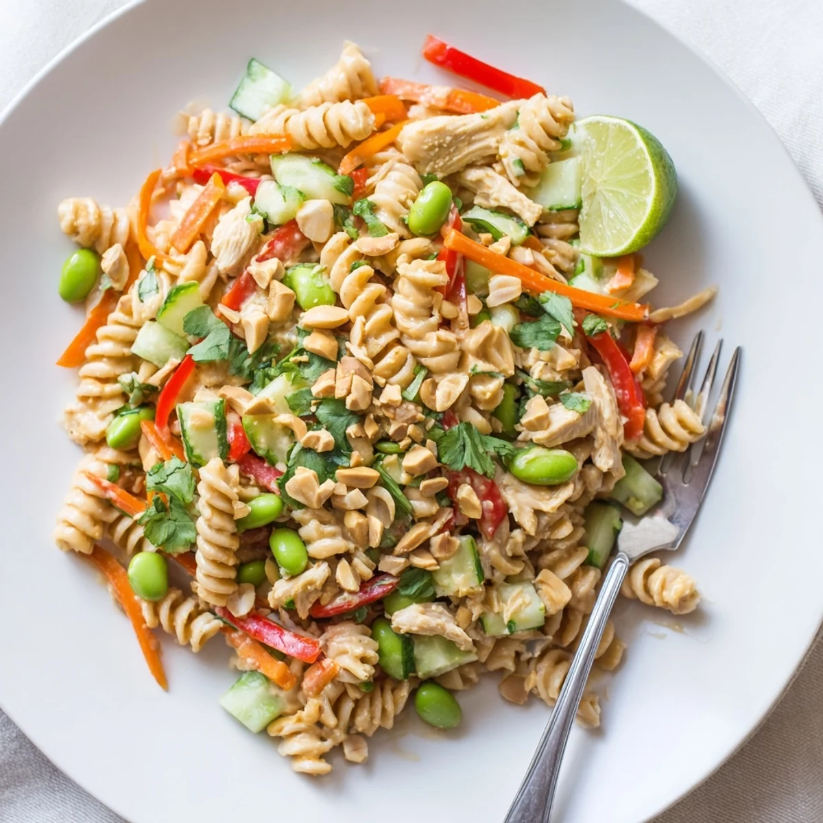 Vibrant protein packed Thai pasta salad garnished with roasted peanuts and served with lime wedges