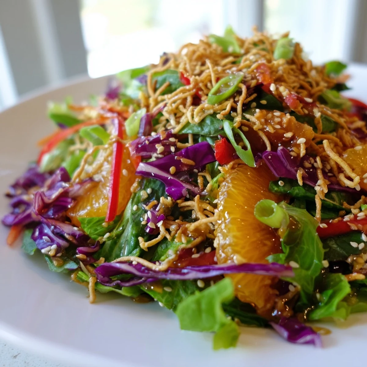 Colorful Mandarin Sesame Crunch Salad topped with golden toasted noodles and fresh vegetables