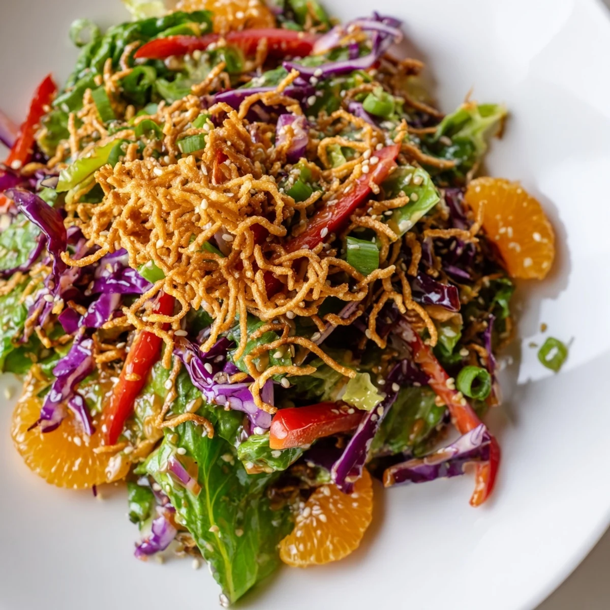 Bright Mandarin Sesame Crunch Salad drizzled with tangy sesame ginger dressing in a wooden bowl