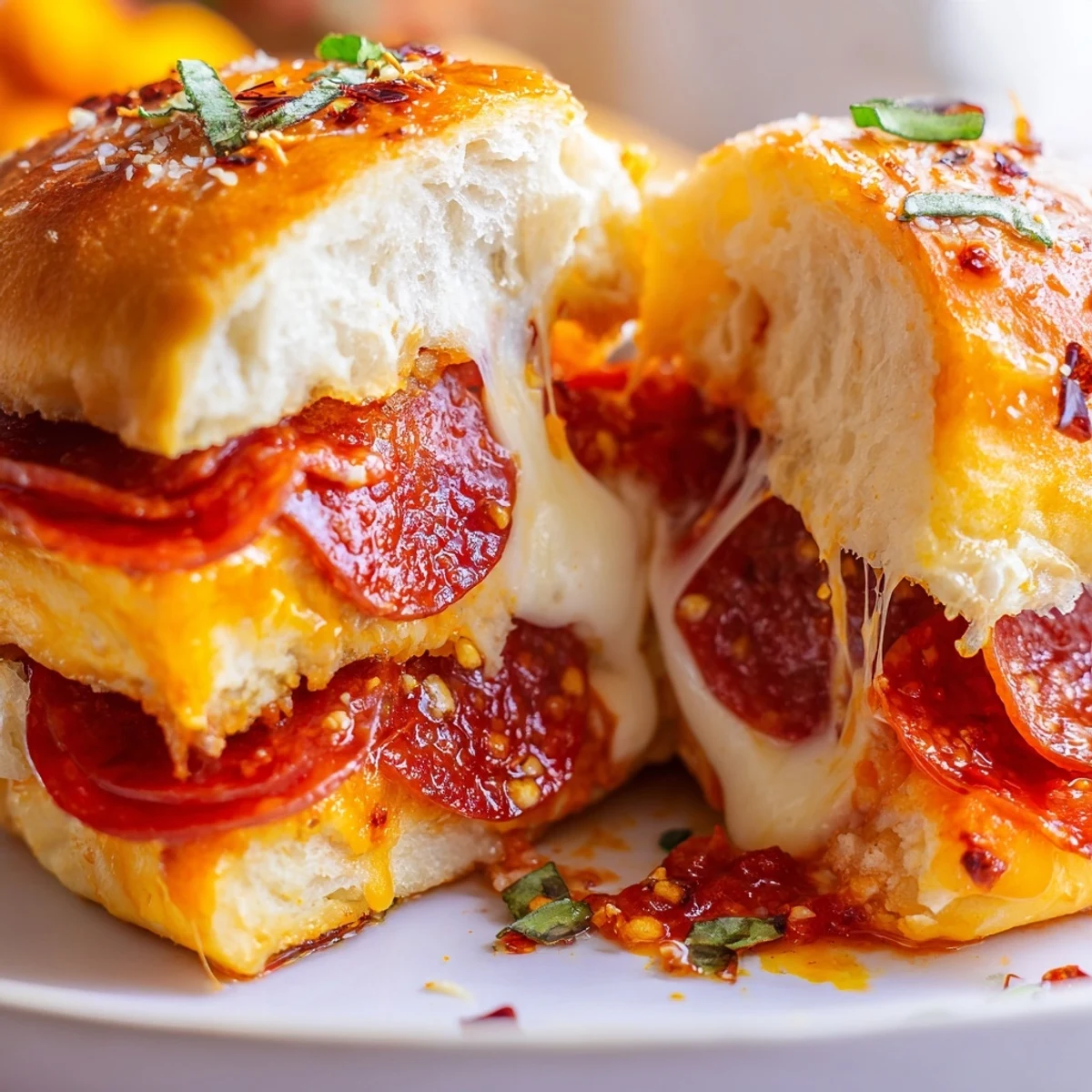 Hot honey pepperoni pizza sliders with gooey cheese and golden buns fresh from the oven