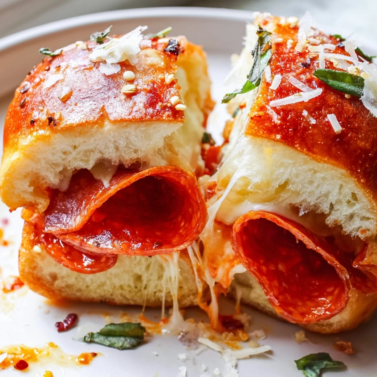 Crispy-topped hot honey pepperoni pizza sliders oozing melted mozzarella on soft pillowy rolls