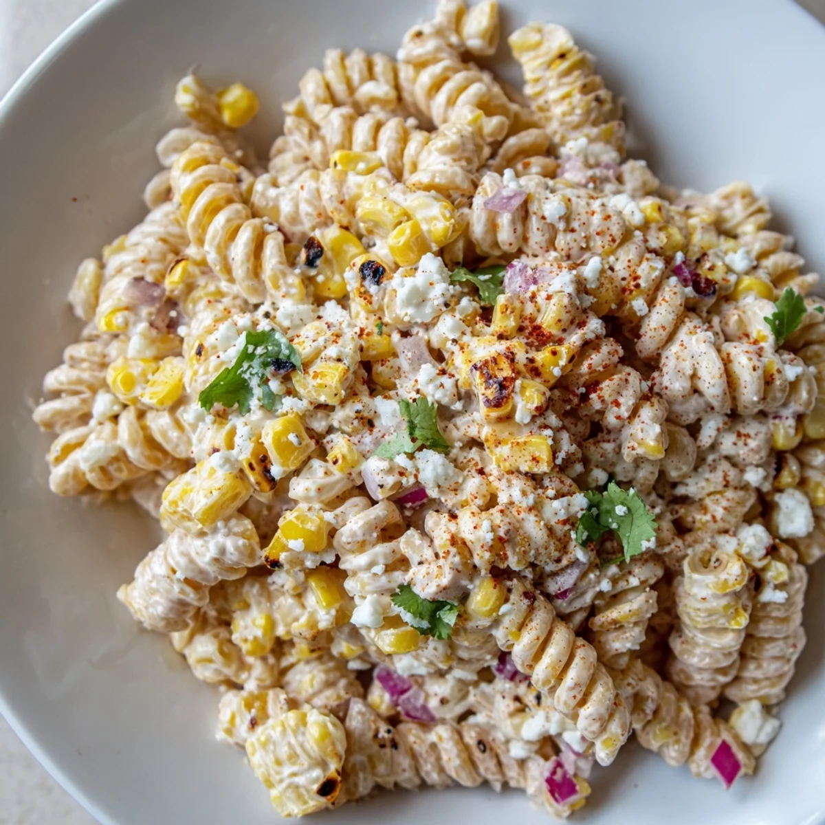 Creamy Elote Street Corn Pasta Salad with charred corn kernels and fresh cilantro