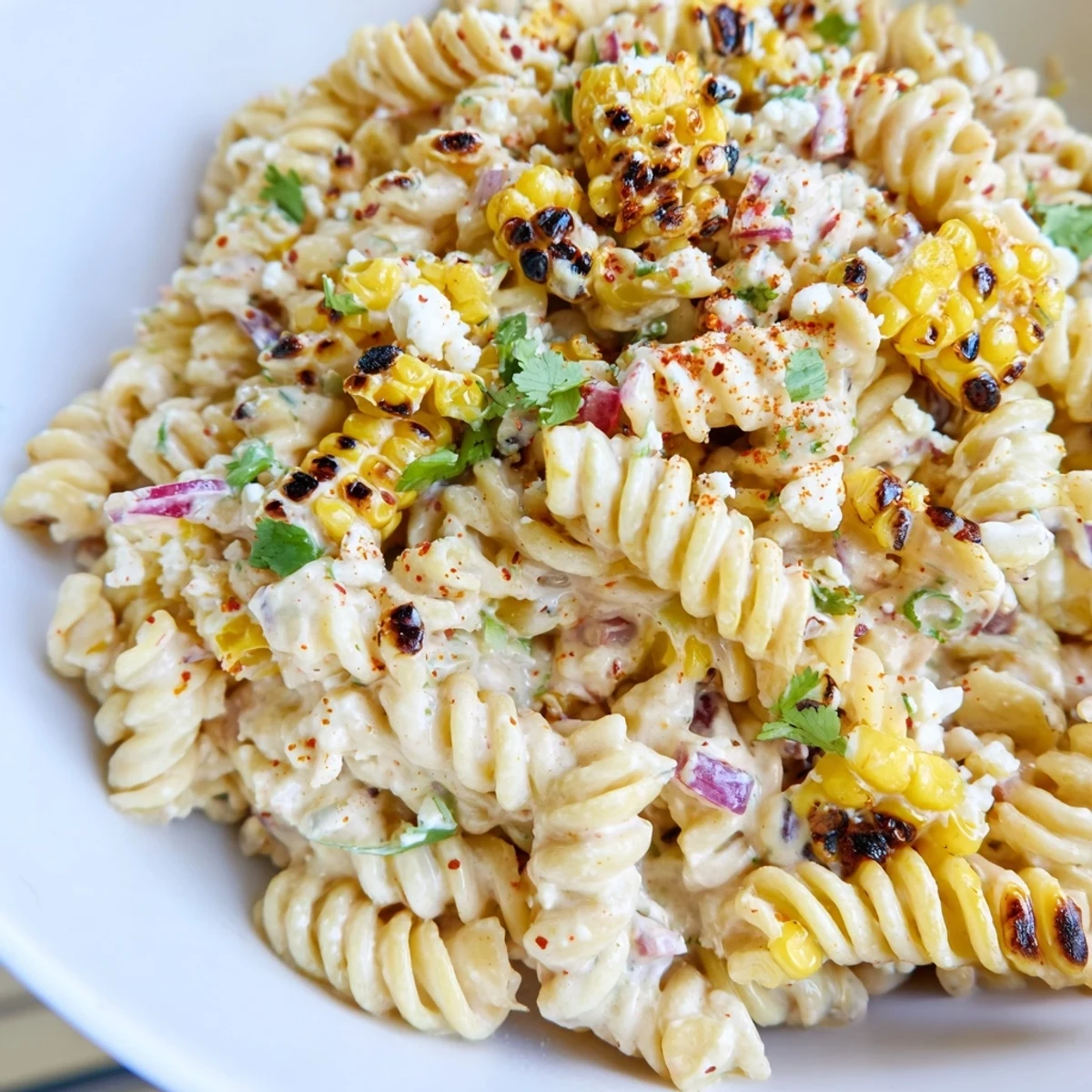 Elote Street Corn Pasta Salad in a bright bowl sprinkled with crumbled Cotija cheese
