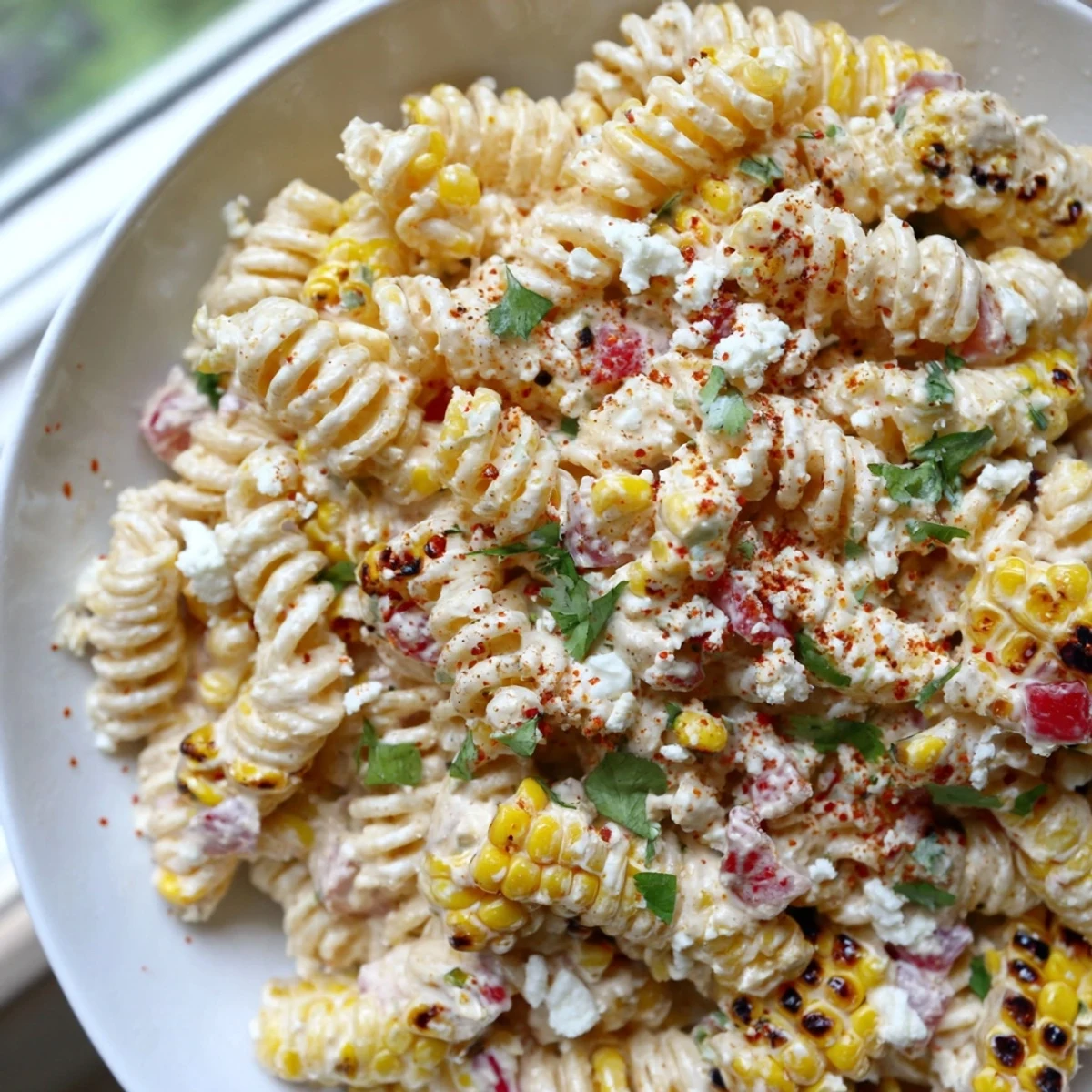 Elote Street Corn Pasta Salad served on a sunny picnic table with lime wedges