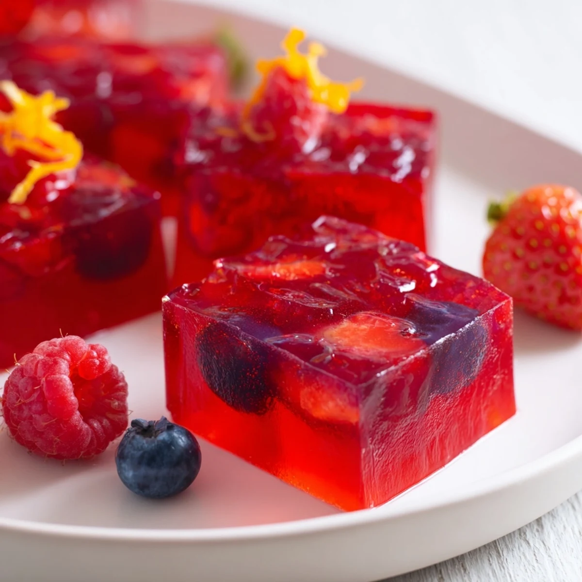 Colorful collagen fruit jellies in silicone molds with fresh berry garnish on a rustic cutting board