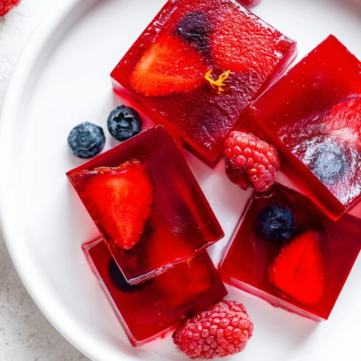 Glossy homemade collagen fruit jellies cut into cubes dusted with citrus zest on a white plate