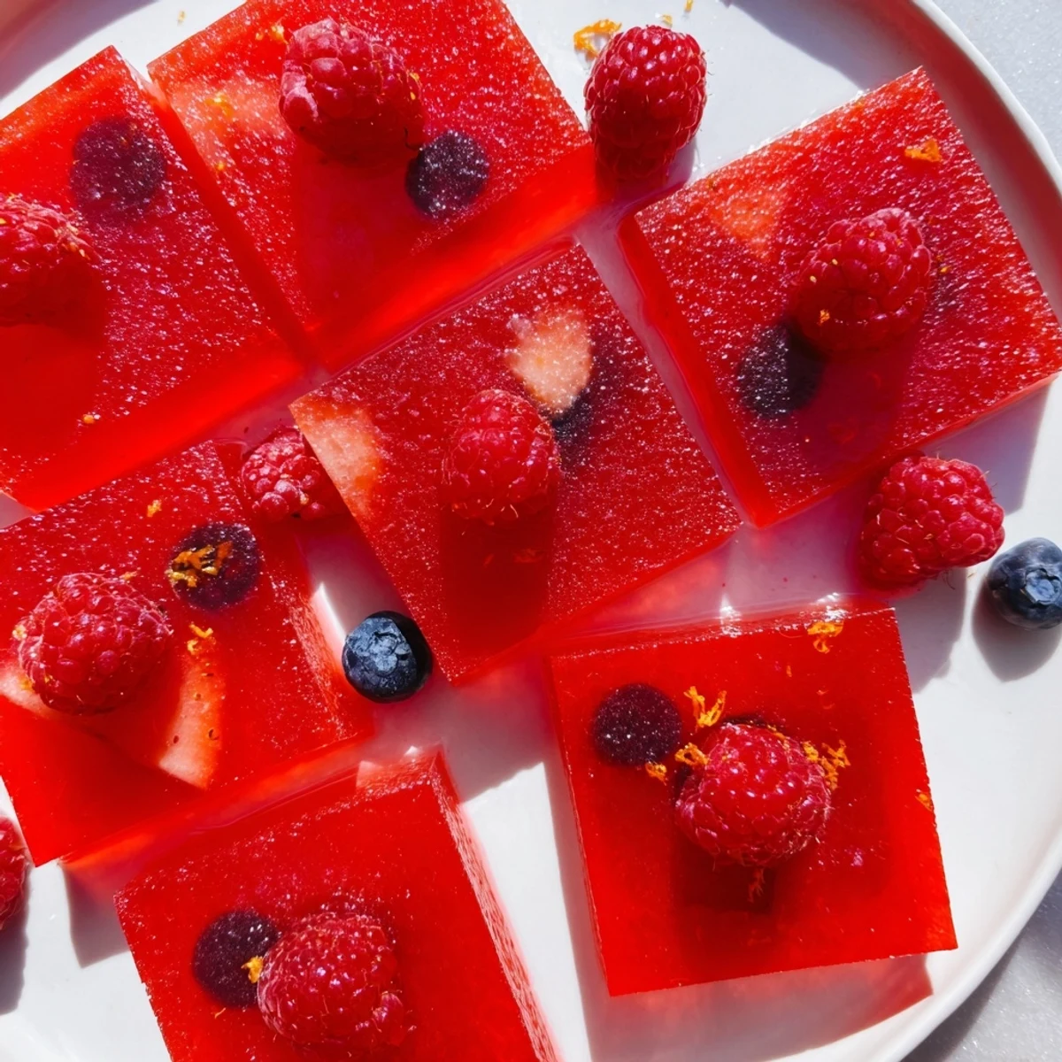 Translucent jewel-toned collagen fruit jellies topped with sliced strawberries in a chilled dessert bowl