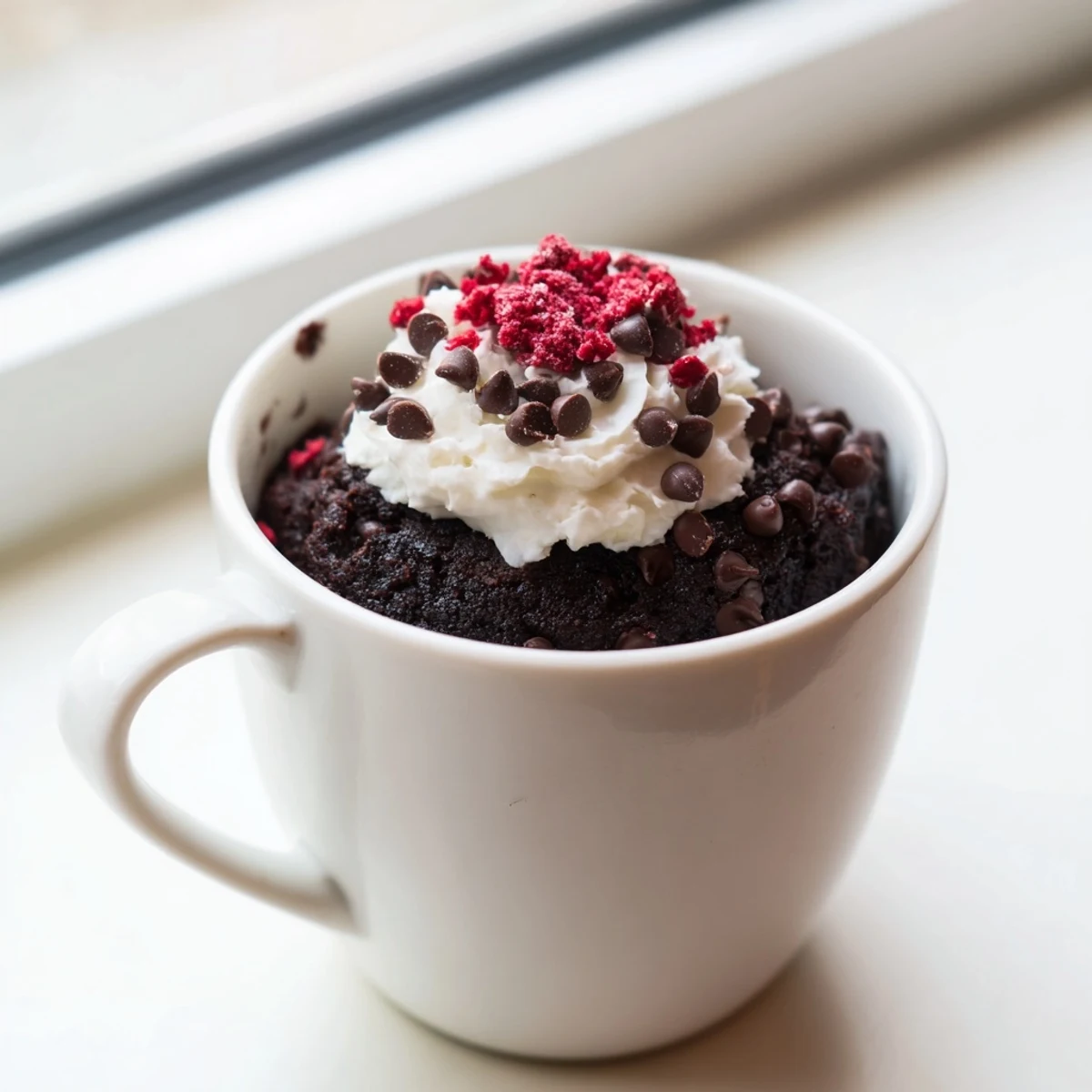Decadent gluten free chocolate mug cake topped with whipped cream in a white ceramic mug.