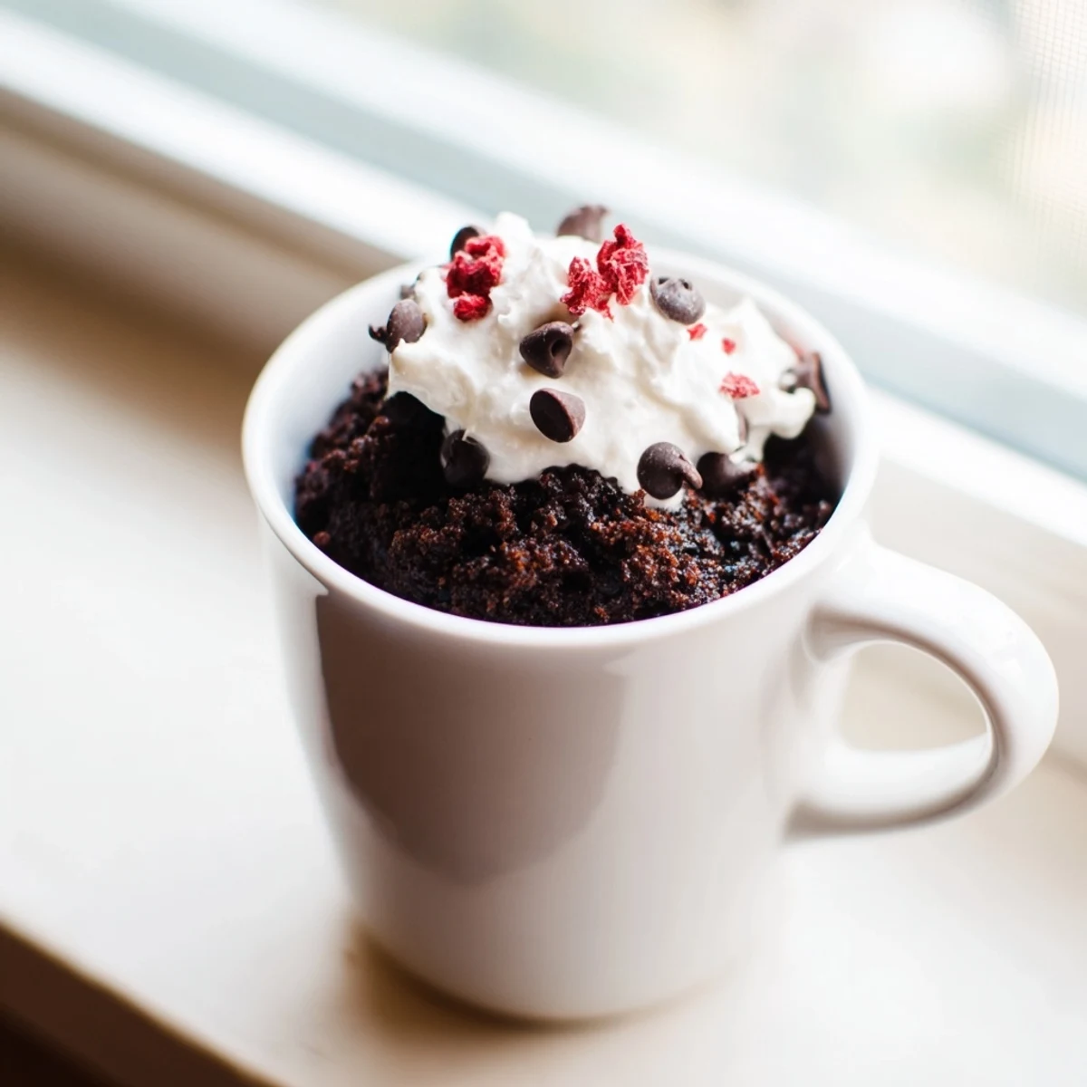 Single serve gluten free chocolate mug cake drizzled with sauce, perfect for a quick dessert.