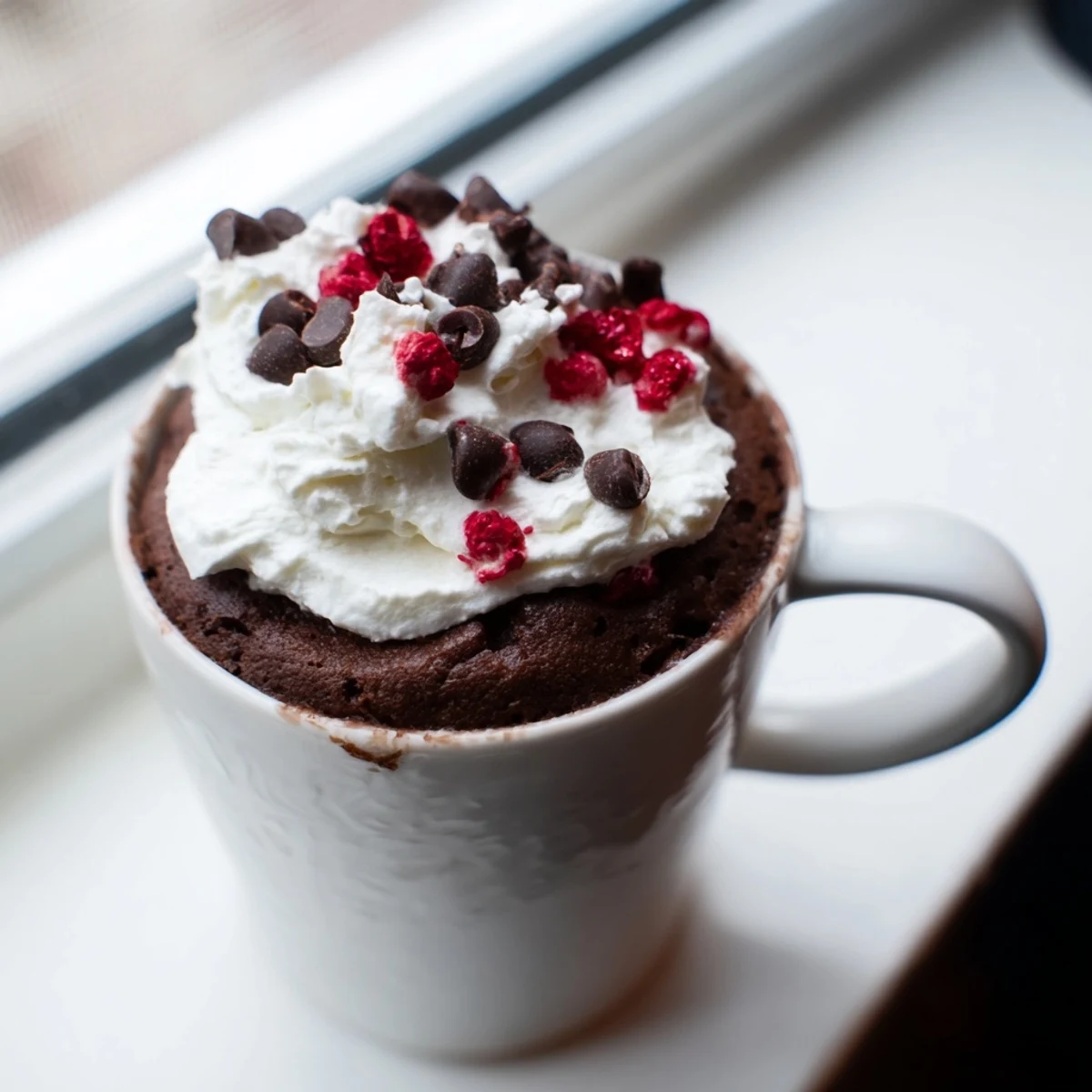 Rich gluten free chocolate mug cake ready in minutes, featuring melted chocolate chips and smooth batter.