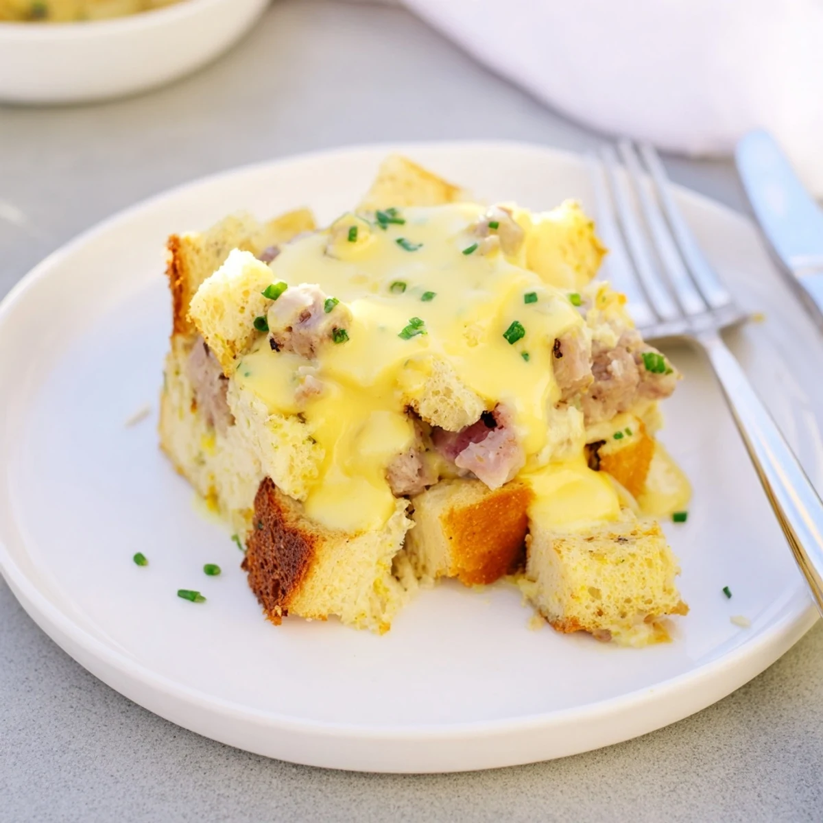 Golden brown eggs Benedict casserole drizzled with creamy hollandaise and fresh chives