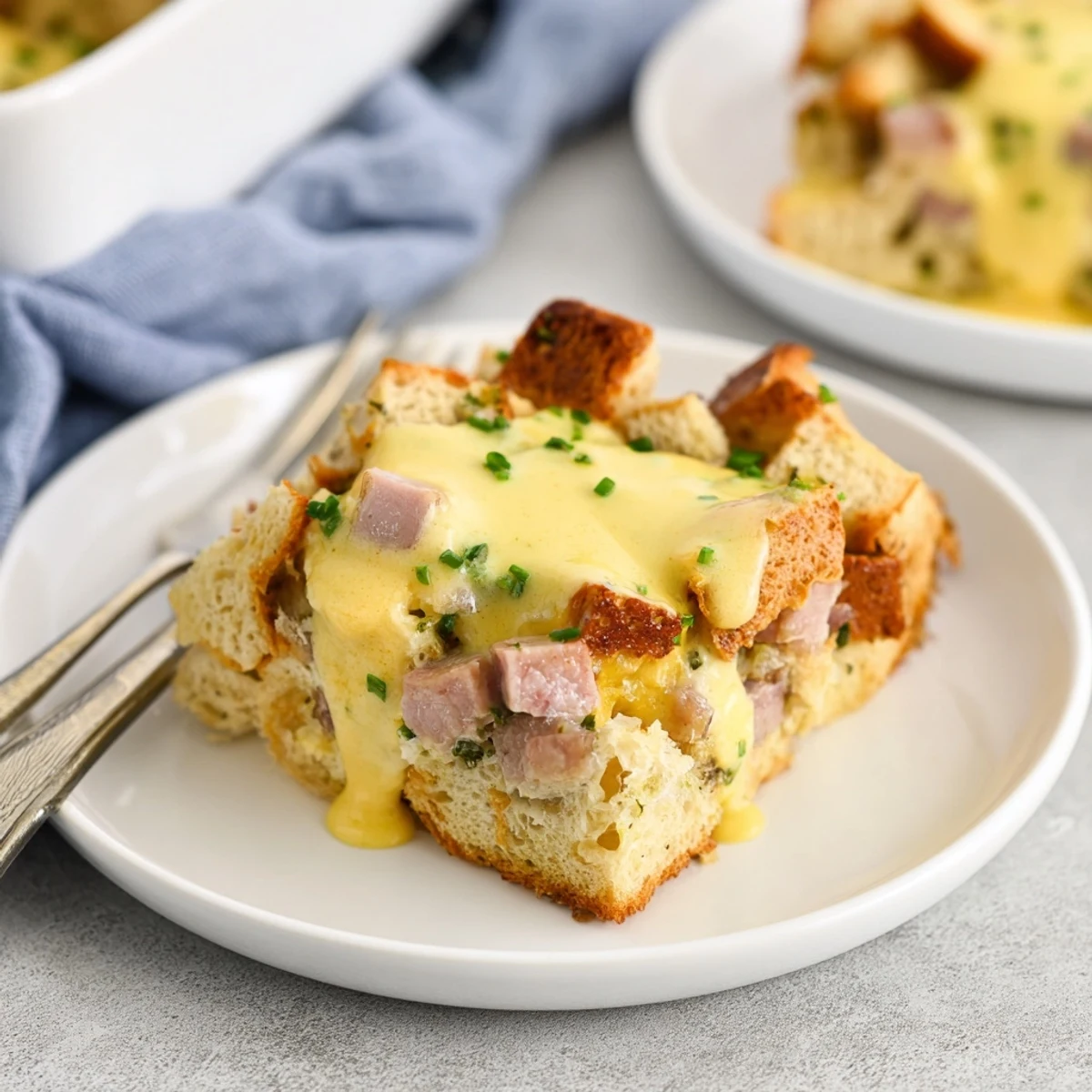 Savory eggs Benedict casserole topped with rich hollandaise sauce and paprika sprinkle