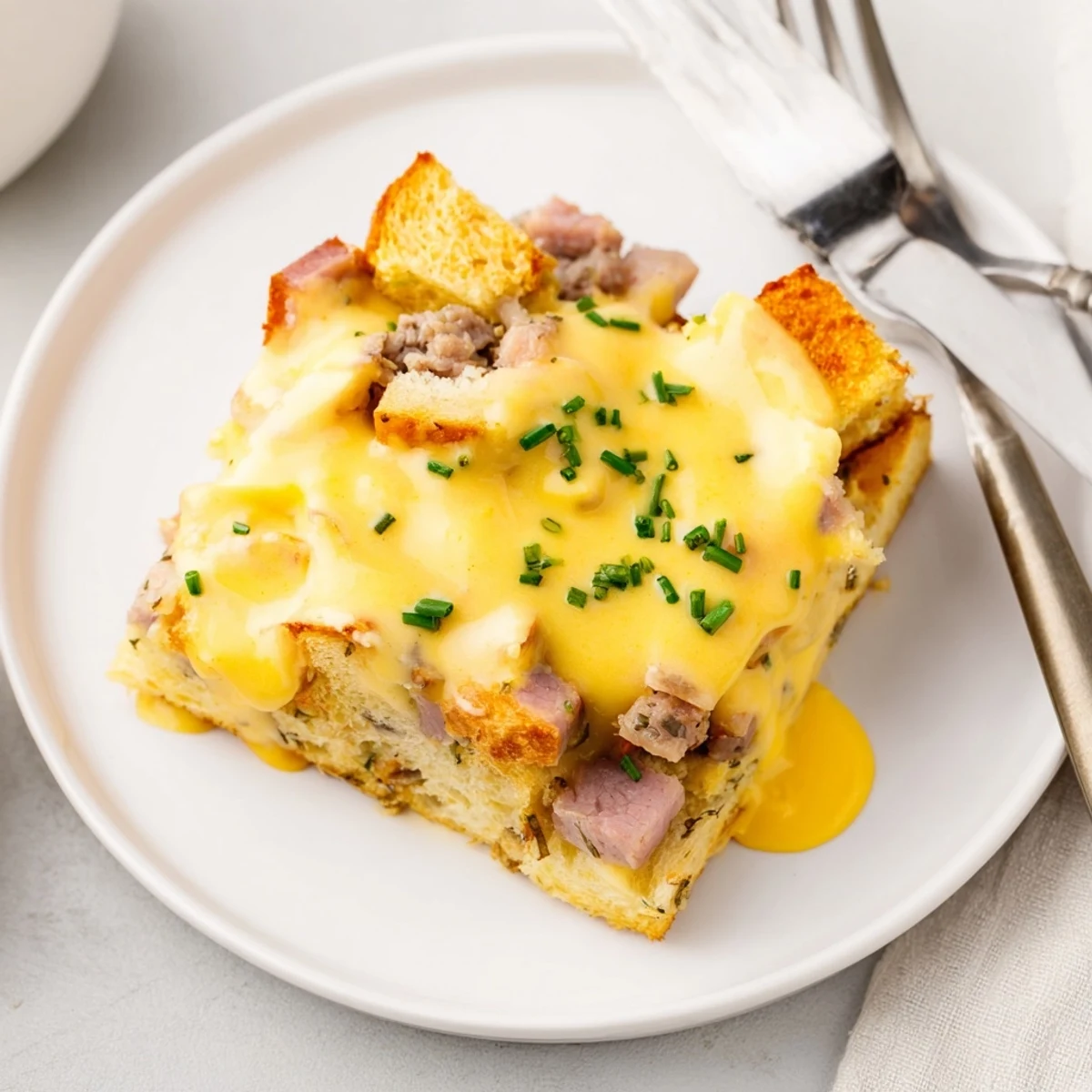 Baked breakfast casserole with layers of English muffins Canadian bacon and eggs