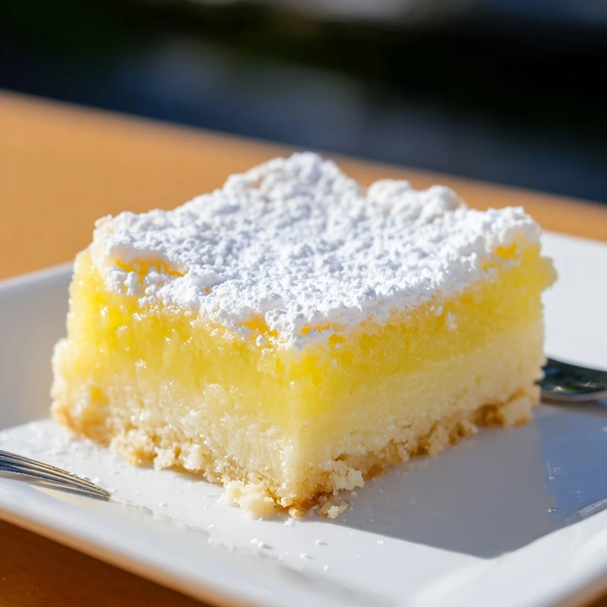 Golden simple lemon bars topped with powdered sugar rest on a wire cooling rack.