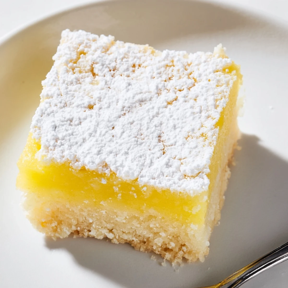 A square of simple lemon bars dusted with white sugar sits on a white plate.