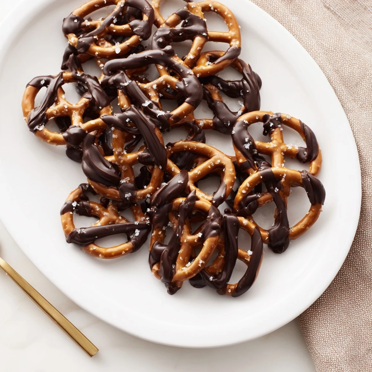 Golden pretzels coated in sticky butter toffee topped with melted chocolate and sea salt flakes.  