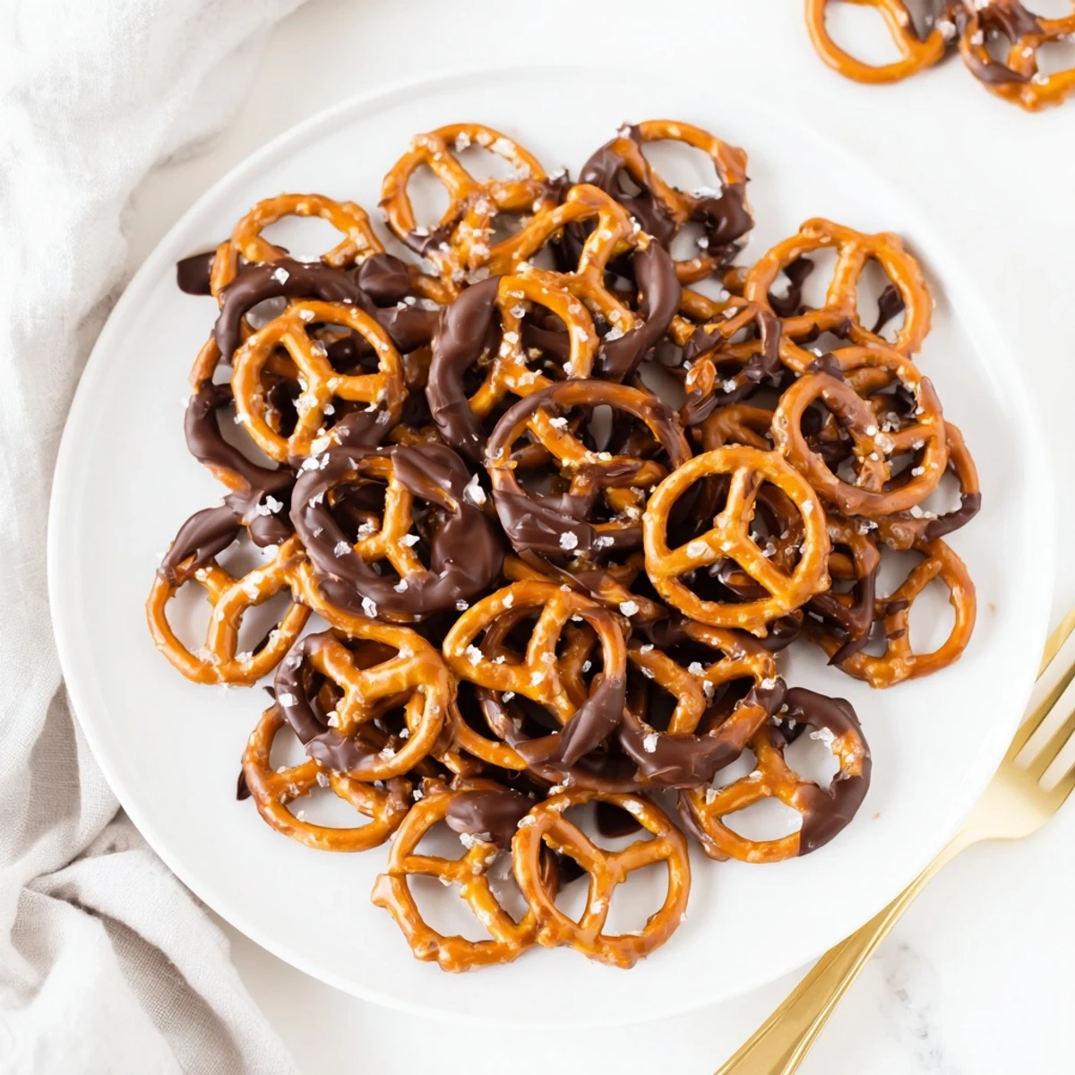 Sweet and salty butter toffee pretzels drizzled with rich chocolate on a rustic wooden board.  