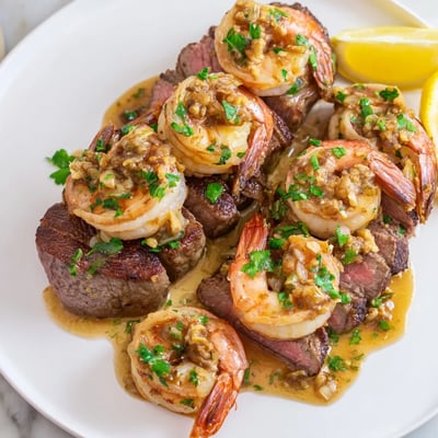 Tender garlic butter shrimp draped over perfectly cooked steak with fresh parsley garnish