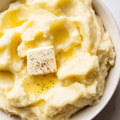 A fluffy mound of velvety mashed potatoes topped with a golden butter pat