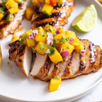 Golden grilled honey lime chicken topped with vibrant tropical mango salsa closeup