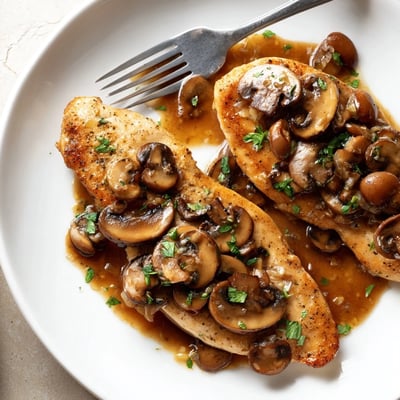 Tender pan-seared chicken marsala topped with earthy mushrooms and fresh green parsley