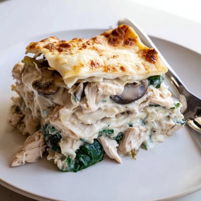 Tender white chicken lasagna layered with spinach mushrooms and a velvety Parmesan sauce