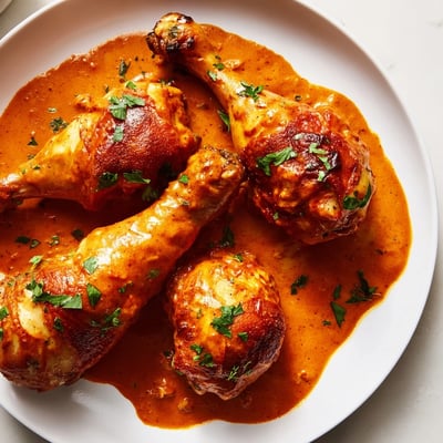 Juicy chicken drumsticks coated in smoky paprika cream sauce with fresh parsley garnish