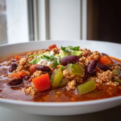 Thick hearty diabetic chili recipe loaded with beans peppers and lean turkey