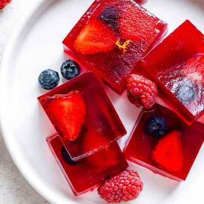 Glossy homemade collagen fruit jellies cut into cubes dusted with citrus zest on a white plate
